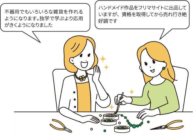 不器用でもいろいろな雑貨を作れるようになります。独学で学ぶより応用がきくようになりました/ハンドメイド作品をフリマサイトに出品していますが、資格を取得してから売れ行き絶好調です