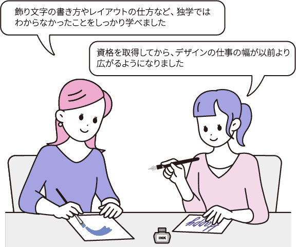 飾り文字の書き方やレイアウトの仕方など、独学ではわからなかったことをしっかり学べました/資格を取得してから、デザインの仕事の幅が以前より広がるようになりました