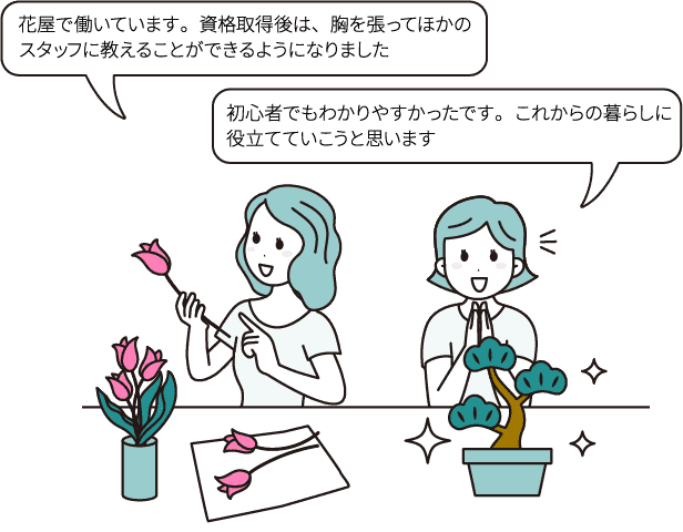 花屋で働いています。資格取得後は、胸を張ってほかのスタッフに教えることができるようになりました/初心者でもわかりやすかったです。これからの暮らしに役立てていこうと思います