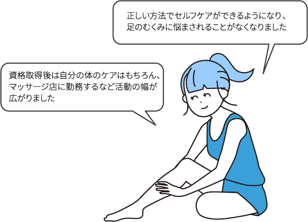 正しい方法でセルフケアができるようになり、足のむくみに悩まされることがなくなりました/資格取得後は自分の体のケアはもちろん、マッサージ店に勤務するなど活動の幅が広がりました