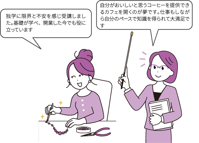 「独学に限界と不安を感じ受講しました。基礎が学べ、開業した今でも役に立っています」/「自分がおいしいと思うコーヒーを提供できるカフェを開くのが夢です。仕事もしながら自分のペースで知識を得られて大満足です」