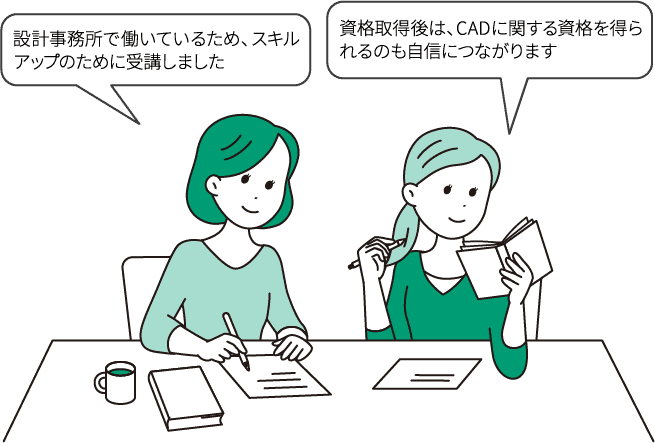 「設計事務所で働いているため、スキルアップのために受講しました」/「資格取得後は、CADに関する資格を得られるのも自信につながります」